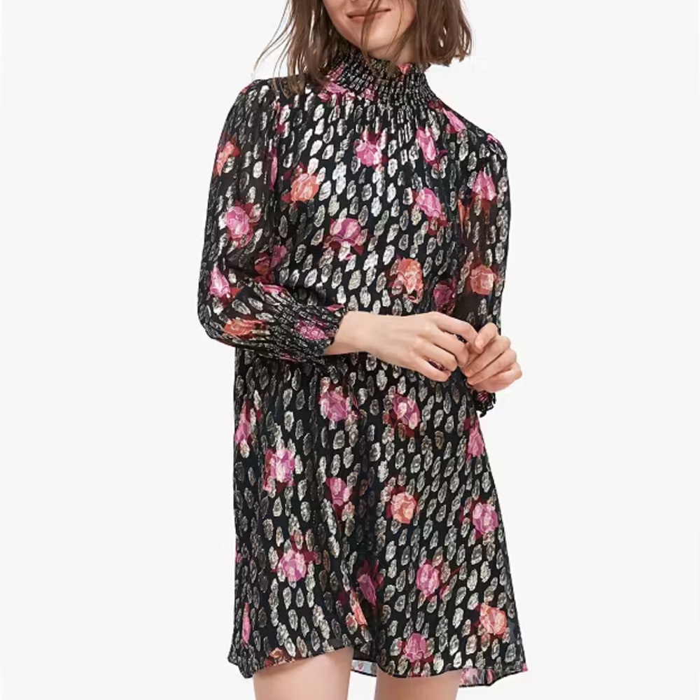 Kate Spade Silk Smocked Mini Dress Rose Garden Black Floral Size XS